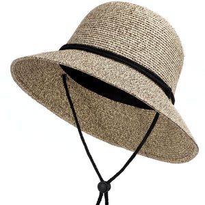 Women Men Sun Bucket Straw Hats with Lanyard Folding Summer Beach